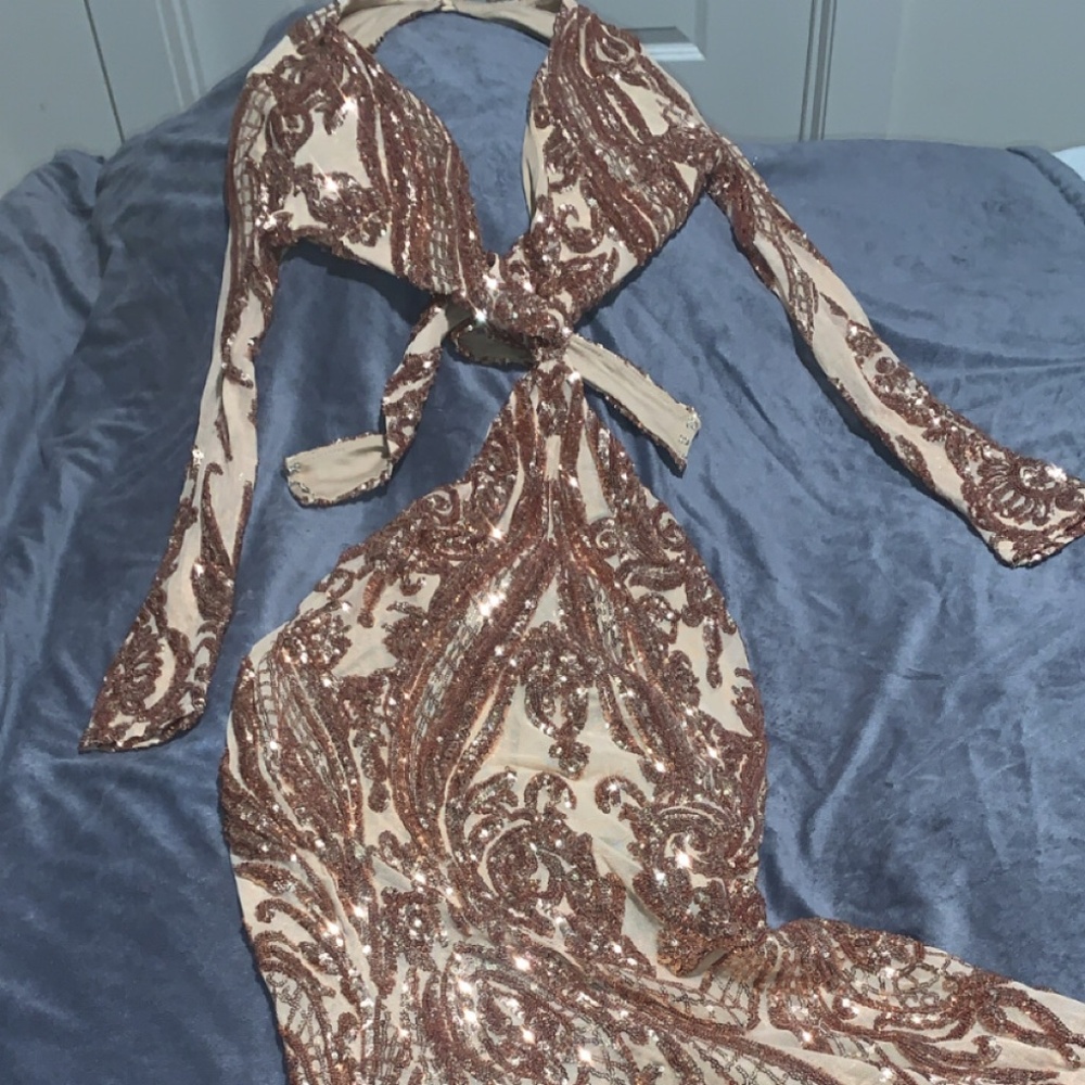 Beautiful Long  formal  low back cut out Gold sequence gown